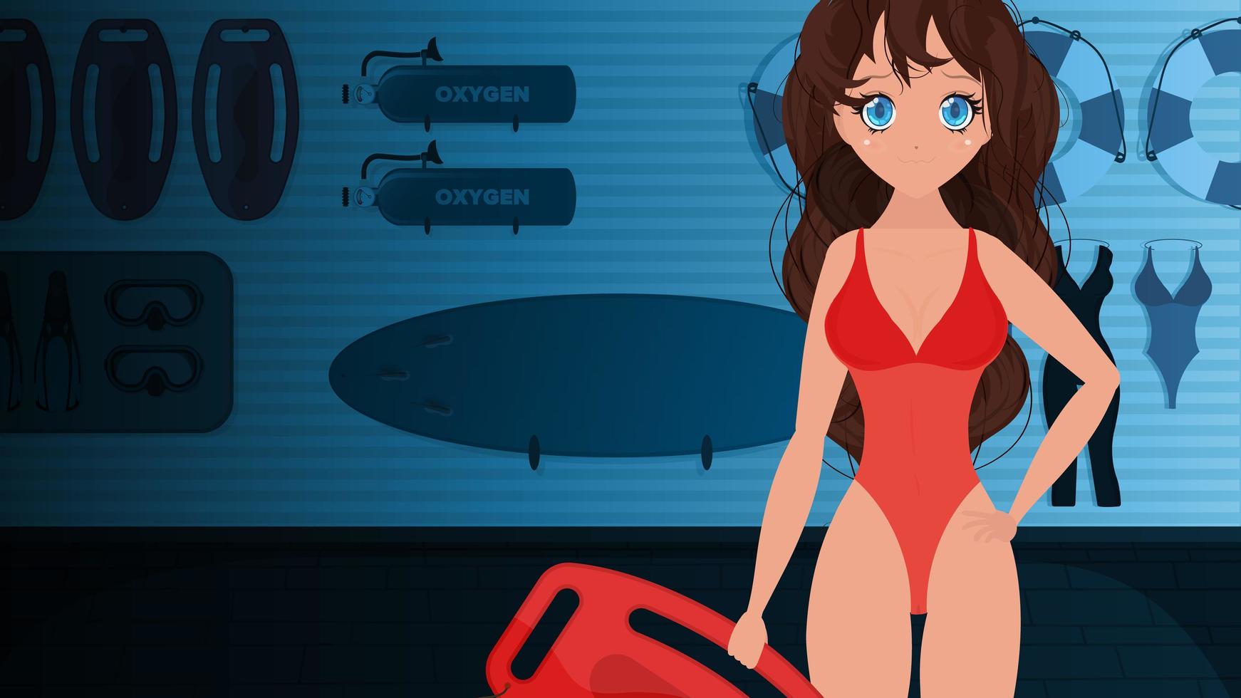 ein mädchen in einem roten badeanzug hält ein lebensbrett. Strand Rettungsschwimmer Frau. Cartoon-Stil. Vektor-Illustration. vektor