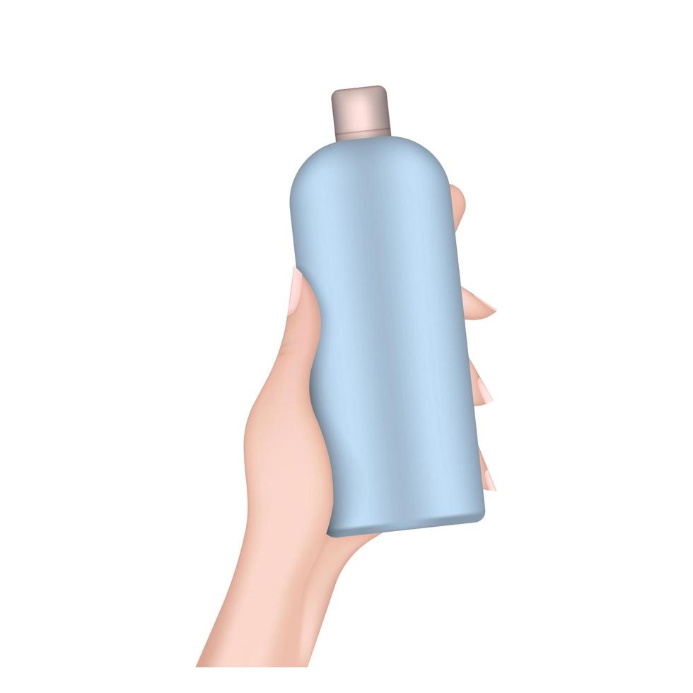 handen håller en plastflaska. realistisk kvinnlig hand med en flaska. bra för schampo eller duschgel. isolerat. vektor. vektor