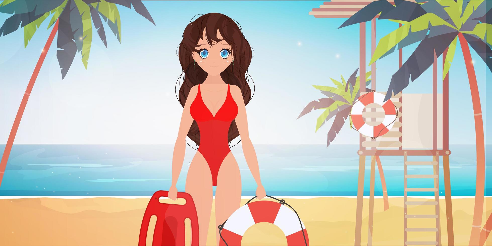 strand livräddare kvinna på stranden med palmer. flicka i en röd baddräkt. tecknad stil. vektor illustration.