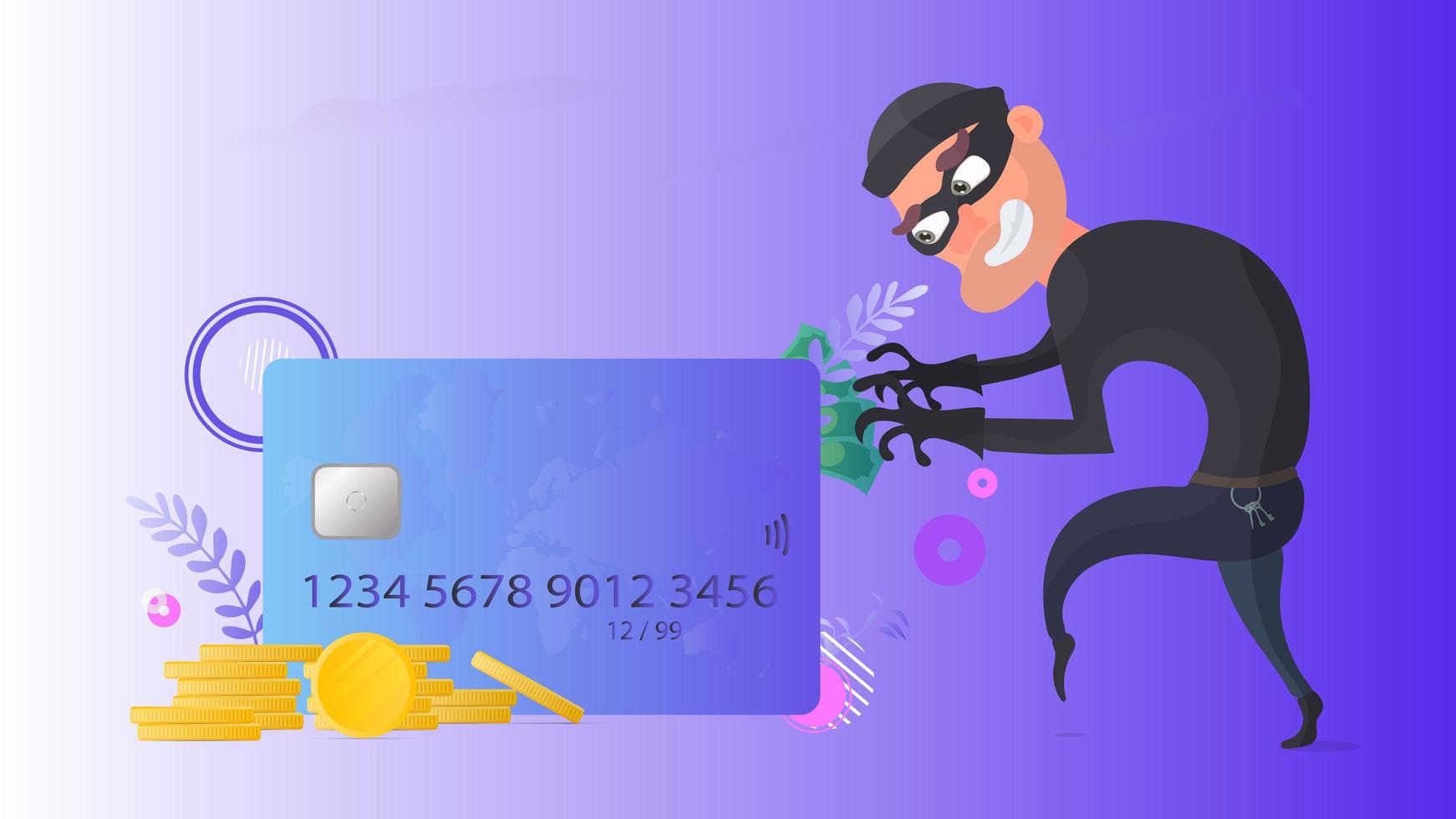 en tjuv försöker stjäla ett kreditkort. kreditkort, guldmynt, dollar. online säkerhetskoncept. vektor. vektor
