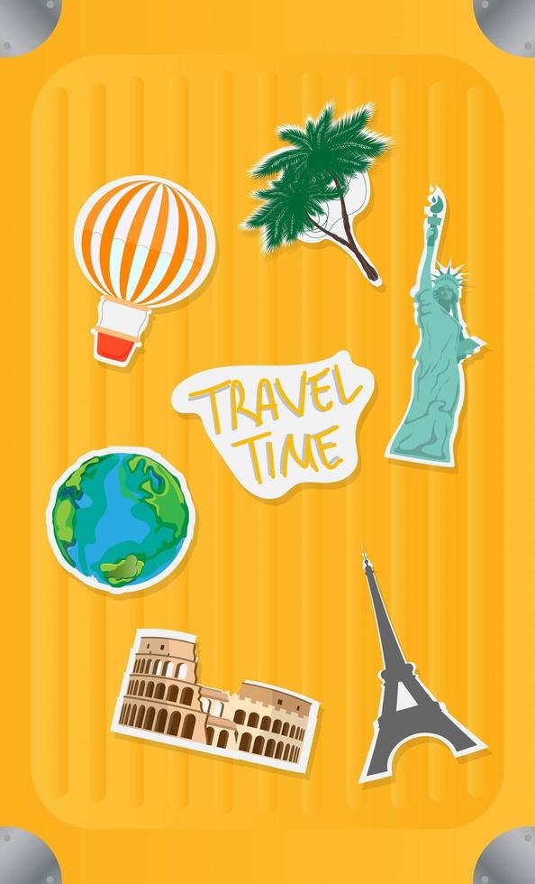 gul resväska med klistermärken av världens attraktioner. sommar vektor illustration