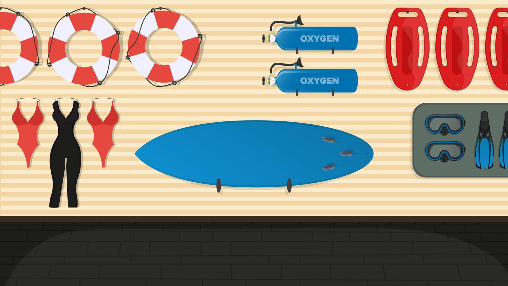 Strand Rettungsschwimmer Zimmer. Schwimmbrett, Rettungsring, Flossen und Maske, Sauerstofftank. Cartoon-Stil. Vektor-Illustration. vektor