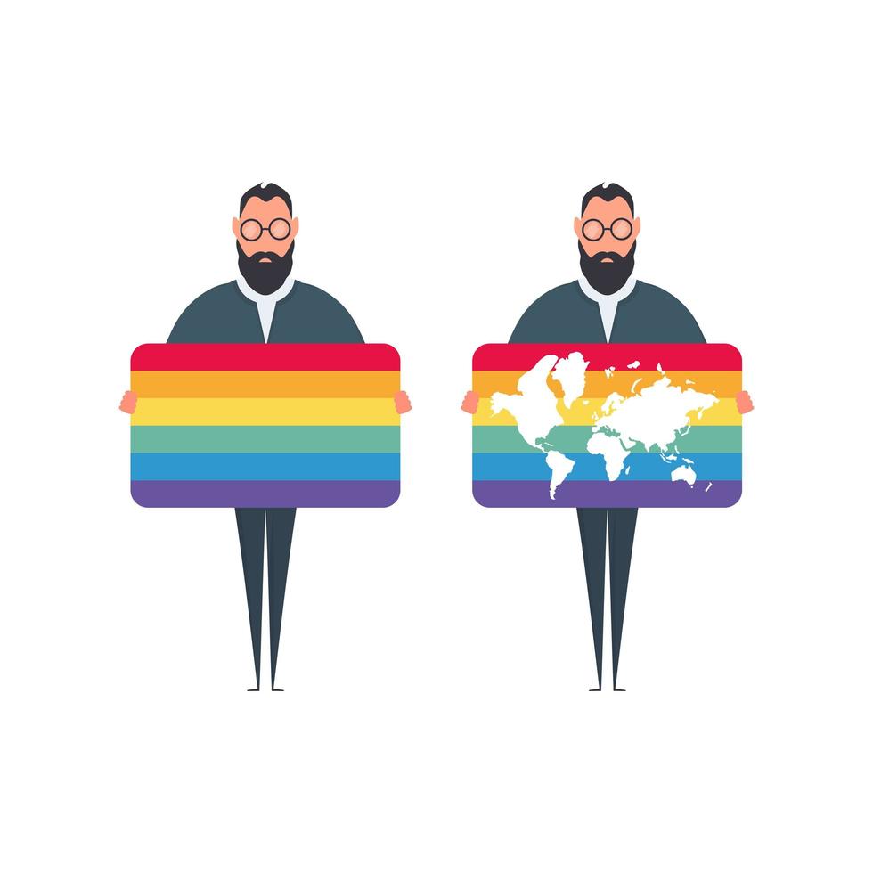 en man som håller en hbt-flagga. killen håller i en banderoll med LGBT-färg. vektor. vektor