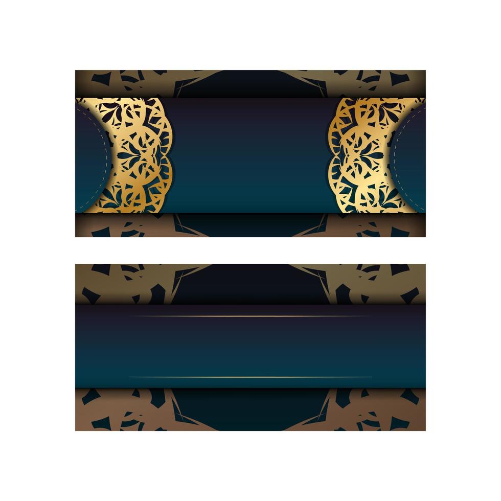 broschyrmall med gradient blå färg med mandala guldmönster för ditt varumärke. vektor