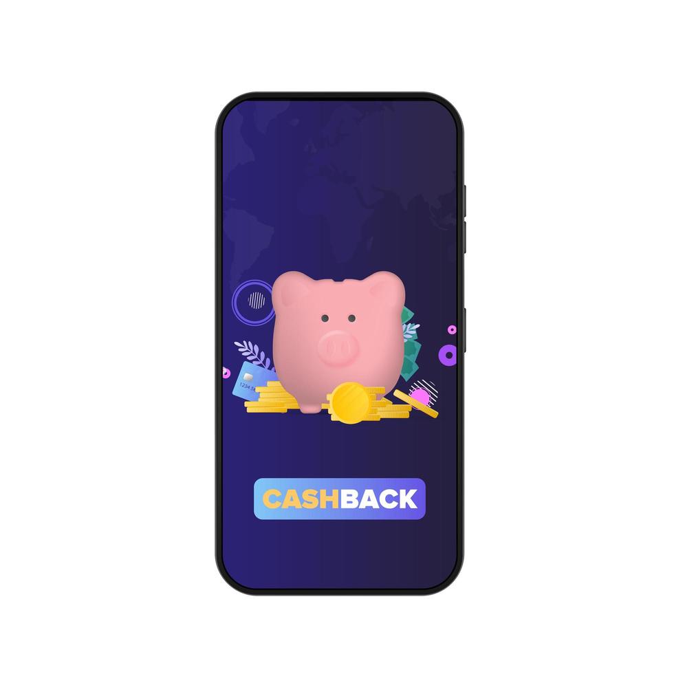 telefon med en cashback-applikation. rosa spargris i form av en gris med guldmynt. spargris för pengar, kreditkort, dollar, guldmynt. vektor. vektor