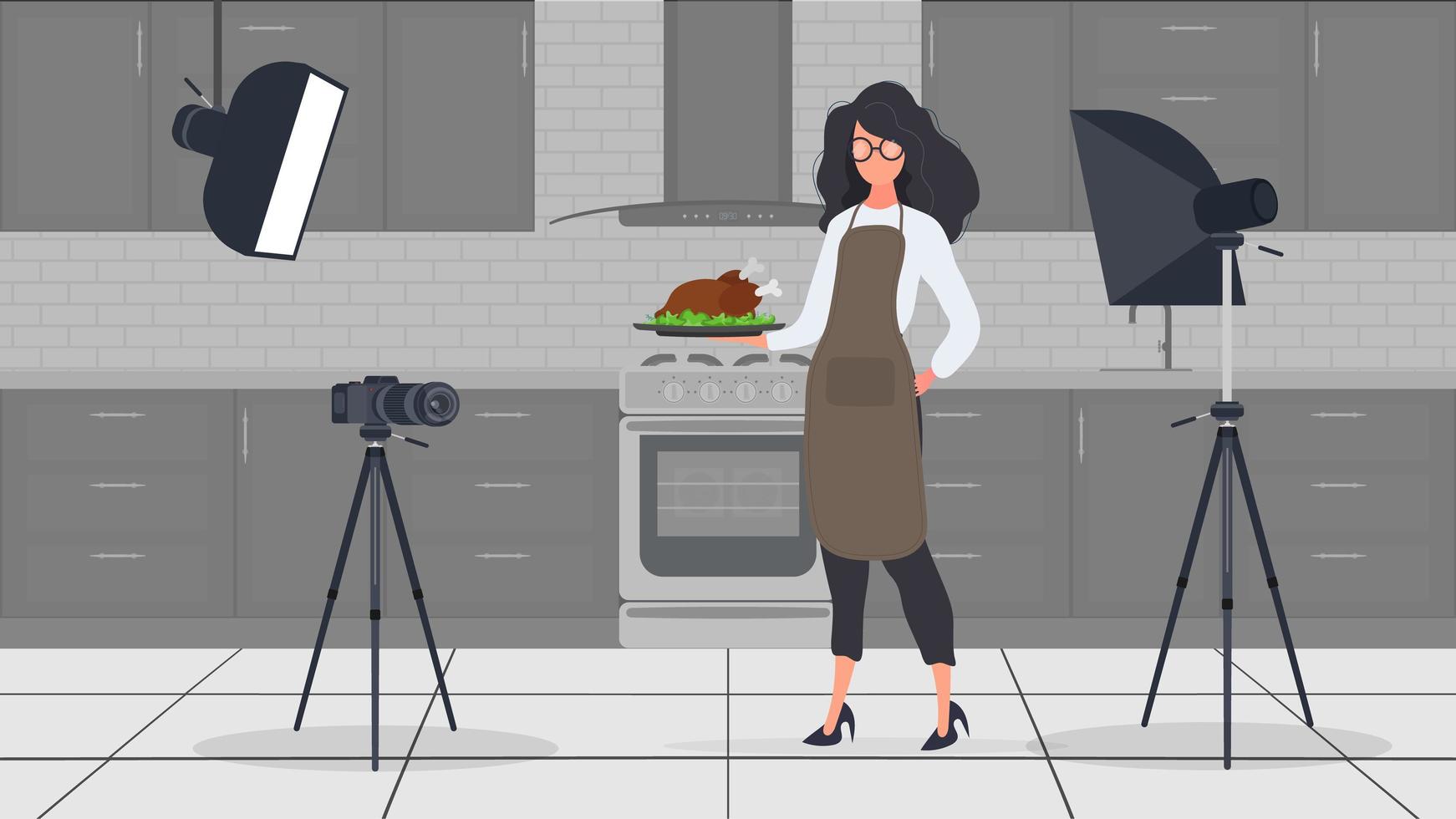 en kvinnlig kock i köket fortsätter att leda en kulinarisk vlogg. en flicka i ett köksförkläde håller en stekt kyckling. vektor. vektor