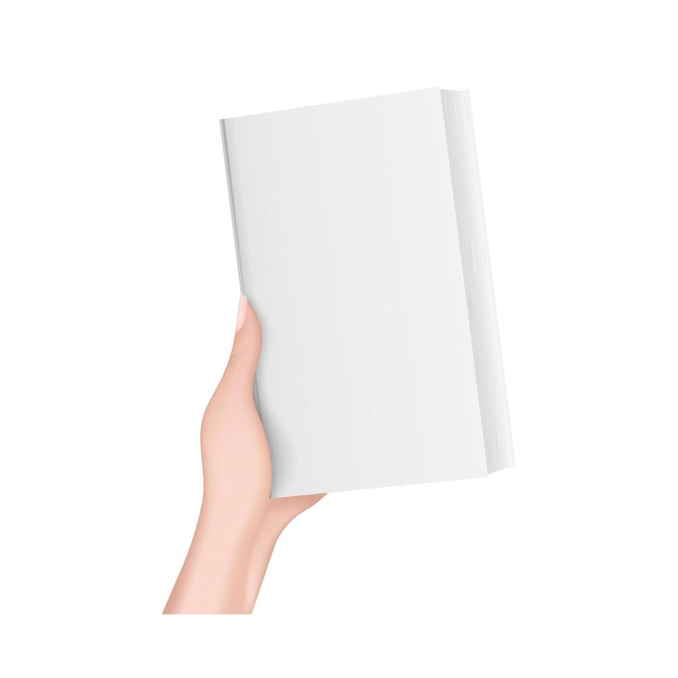 handen håller en vit bok. realistisk 3d flicka hand. isolerat. vektor. vektor