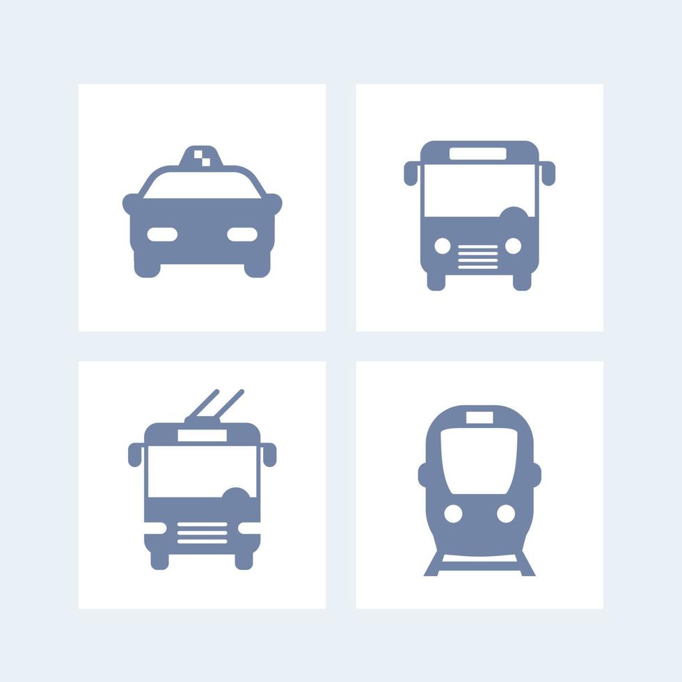 Symbole für den Stadtverkehr, Vektor für öffentliche Verkehrsmittel, Bussymbol, U-Bahn-Zeichen, Taxi, Piktogramme für öffentliche Verkehrsmittel, isoliertes Bussymbol