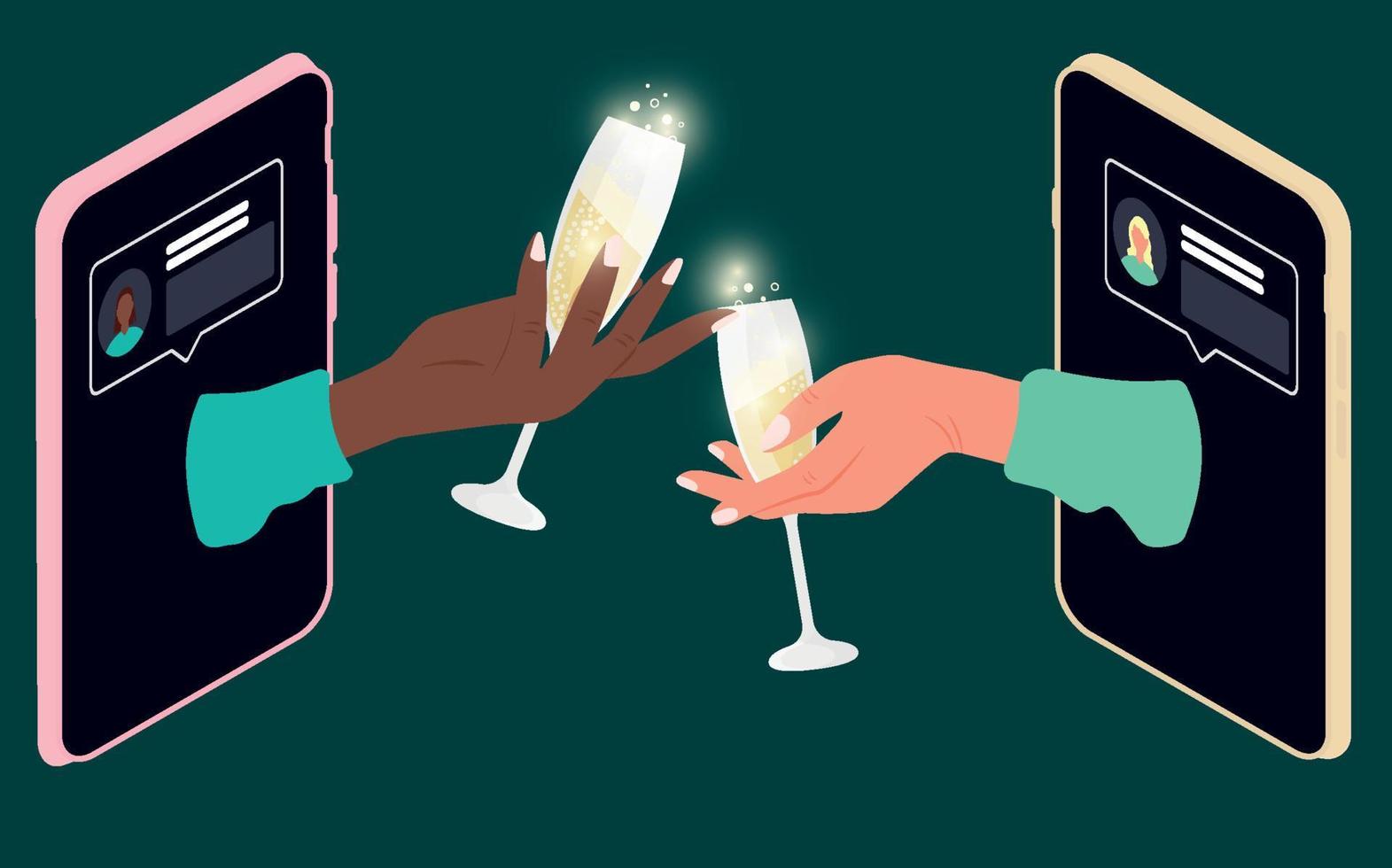 två händer som håller champagneglas över telefonen. social distansering under semestern. firande på nätet. vektor illustration