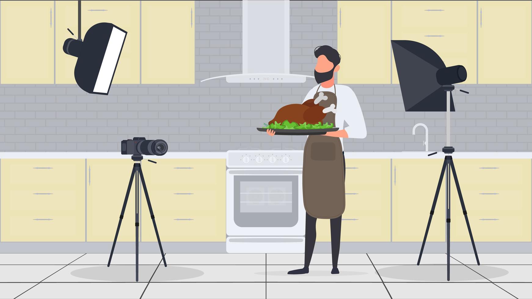 en manlig kock i köket har en kulinarisk blogg. killen i köksförklädet håller i sig stekt kyckling. vektor. vektor