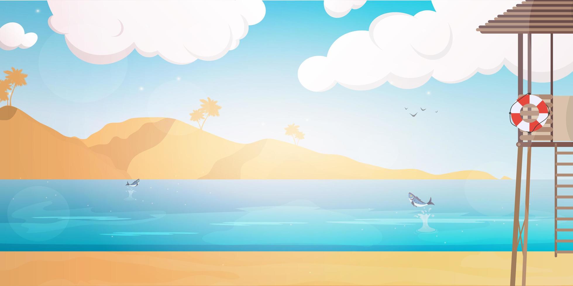 Strand mit Rettungsposten. Sommerillustration im Cartoon-Stil. Vektor. vektor