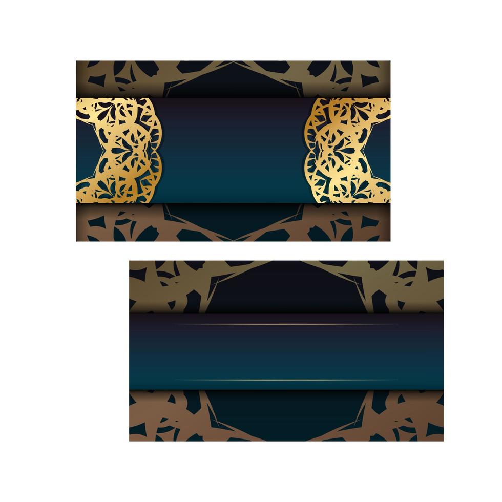 broschyrmall med lutning blå färg med mandala guldmönster förberedd för typografi. vektor