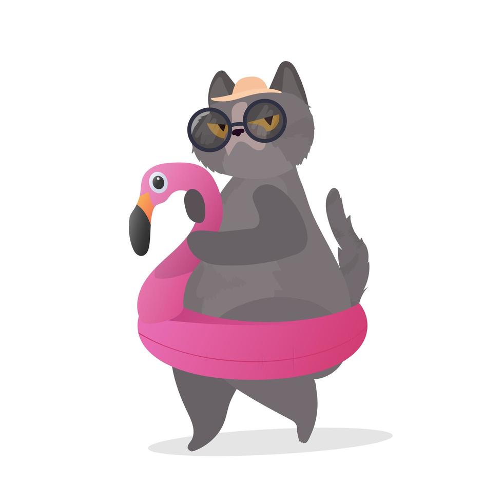 lustige Katze mit einem rosa Gummiring in Flamingoform. Katze mit Brille und Hut. gut für Aufkleber, Karten und T-Shirts. isoliert. Vektor. vektor