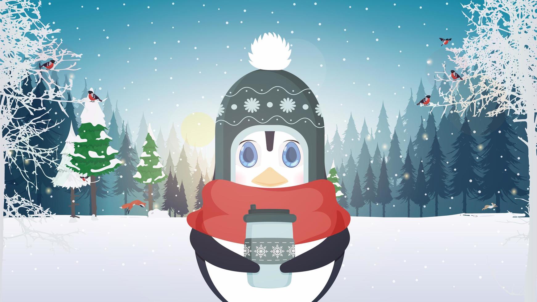 Ein Pinguin in warmer Winterkleidung hält eine Tasse in den Händen. Ein süßer Pinguin in einem verschneiten Wald trinkt ein heißes Getränk. Vektor-Illustration. vektor