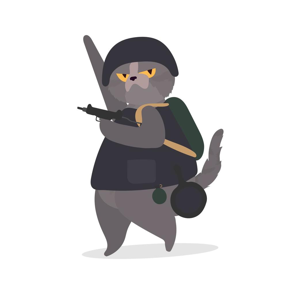 en rolig katt med en allvarlig blick håller en pistol i tassarna. en katt i militäruniform håller ett vapen. bra för klistermärken, t-shirts och kort. isolerat. vektor. vektor