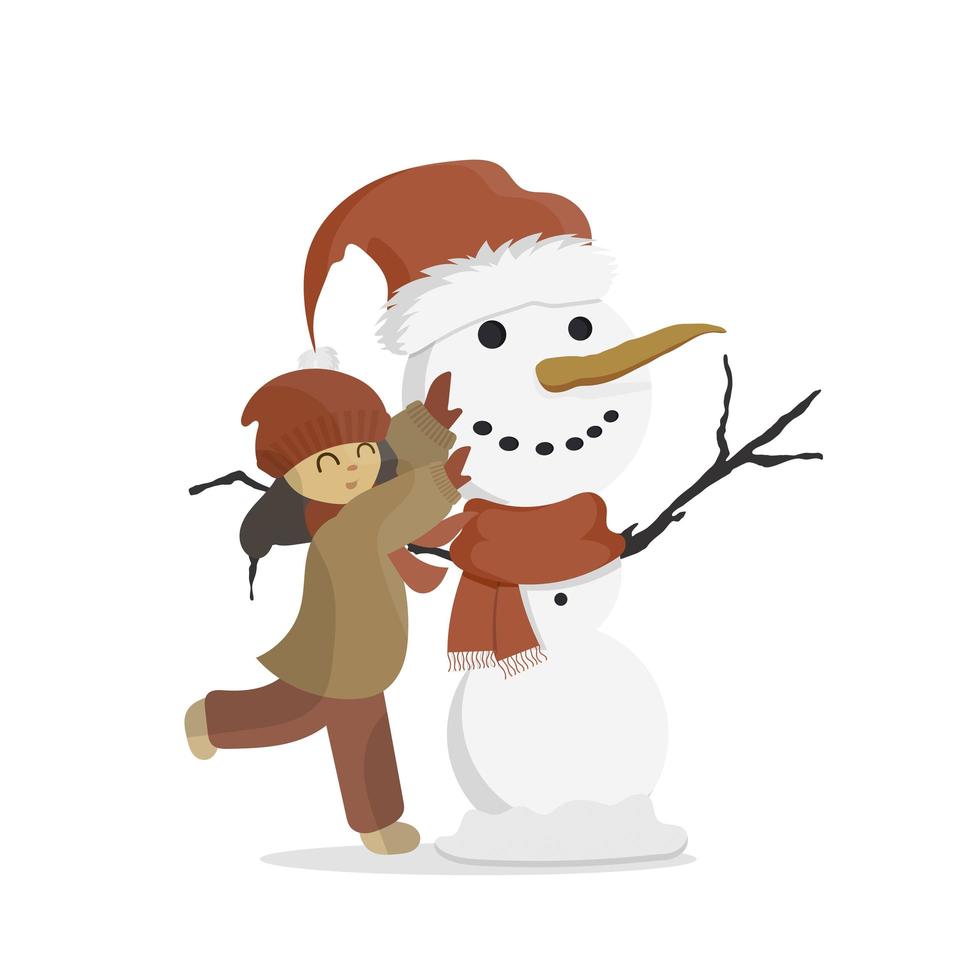 das Mädchen macht einen Schneemann. Schneemann, Mädchen in warmer Winterkleidung. isoliert auf weißem Hintergrund. Cartoon, Vektor