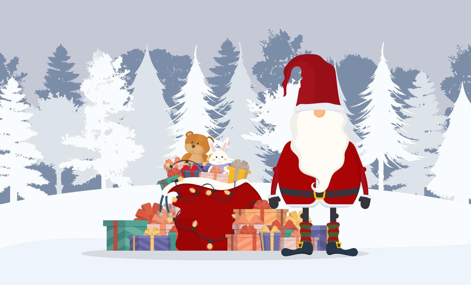Weihnachtsmann im Winterwald. ein Berg von Geschenken, eine rote Tasche, ein alter Mann mit weißem Bart im roten Anzug. Weihnachtskarte. Vektor-Illustration vektor