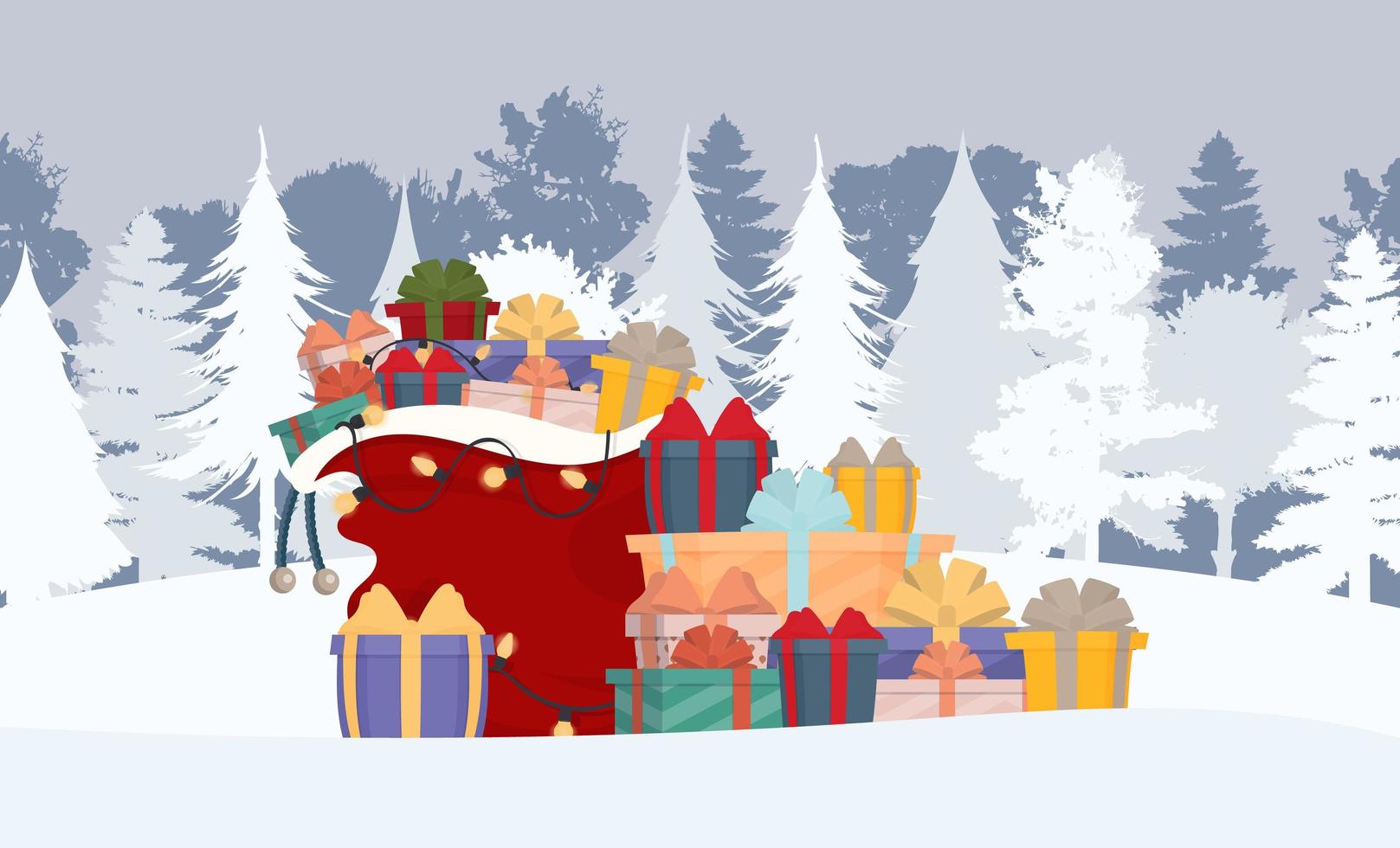 jultomtens presentpåse full av presentförpackningar och presentpåsar. vacker presentask med överväldigande rosett. vektor. vektor