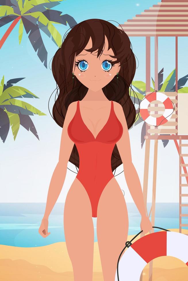 Strandschwimmerfrau am Strand mit Palmen. Cartoon-Stil. Vektor-Illustration. vektor