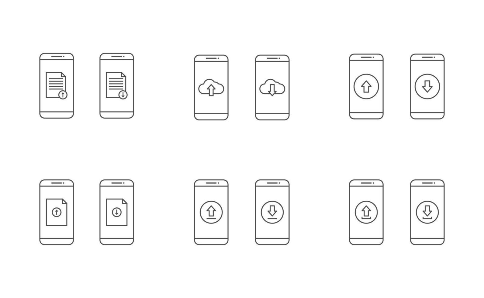 smartphone, ladda upp och ladda ner ikonlinje vektordesign, moln, dokument, pil upp och ladda ner vektorikonlinjeuppsättning vektor