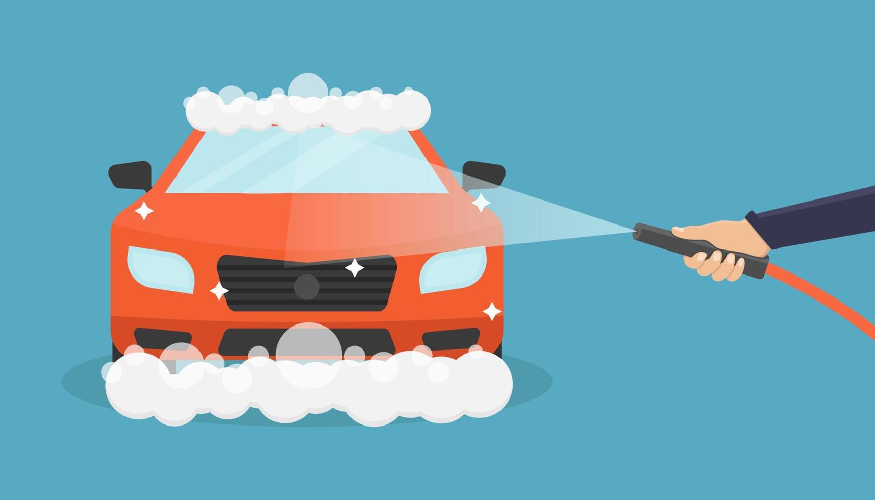 biltvätt vektorillustration på blå bakgrund, hand som håller vattenspray och röd bil tvättas med tvål vektor