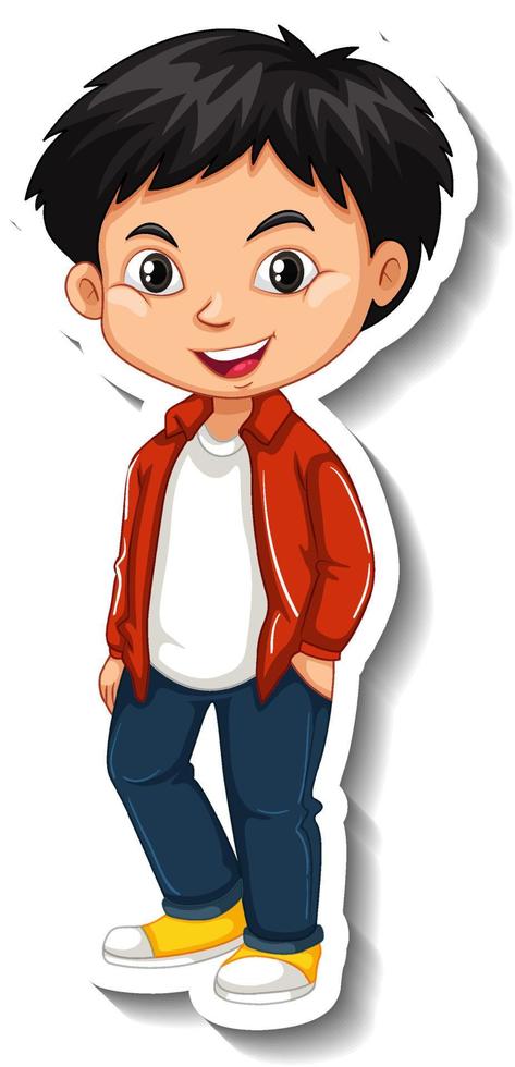 Ein asiatischer Junge trägt eine rote Jacke mit Cartoon-Charakter-Aufkleber vektor