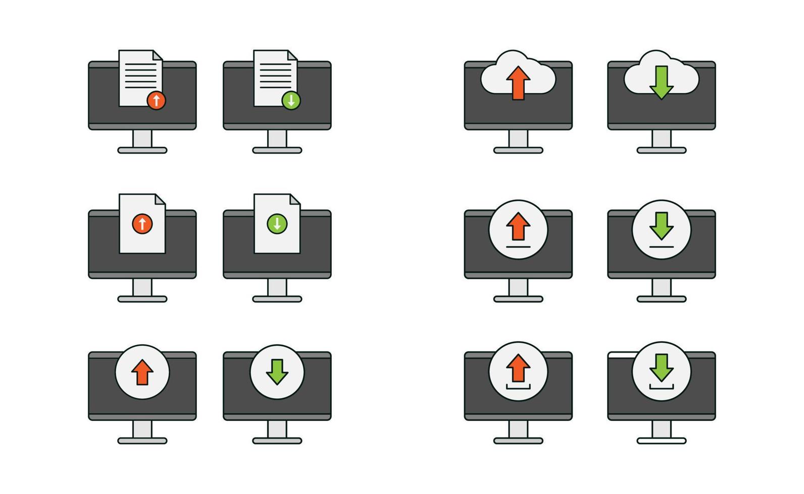 Computer, Upload und Download von Icon-Vektor-Design, Cloud, Dokument, Pfeil-Upload und Download-Vektor-Icon-Set vektor