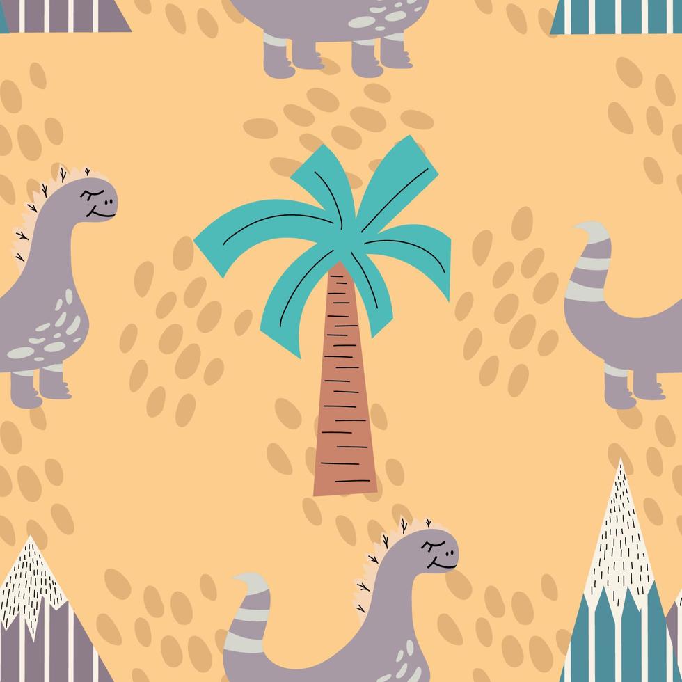 mönster med dinosaurie, palm, berg för barn. söta sömlösa mönster med prickar och tropiska träd och söt dinosaurie i platt stil. vektor illustration