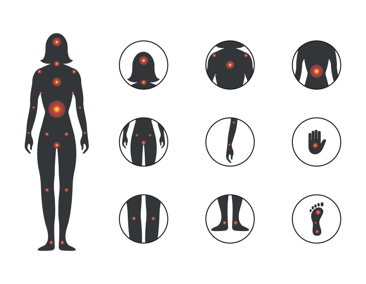 punkt av kvinnlig kroppssmärta. skada ikonuppsättning. siluett av en kvinna med olika kroppssmärtor. vektor