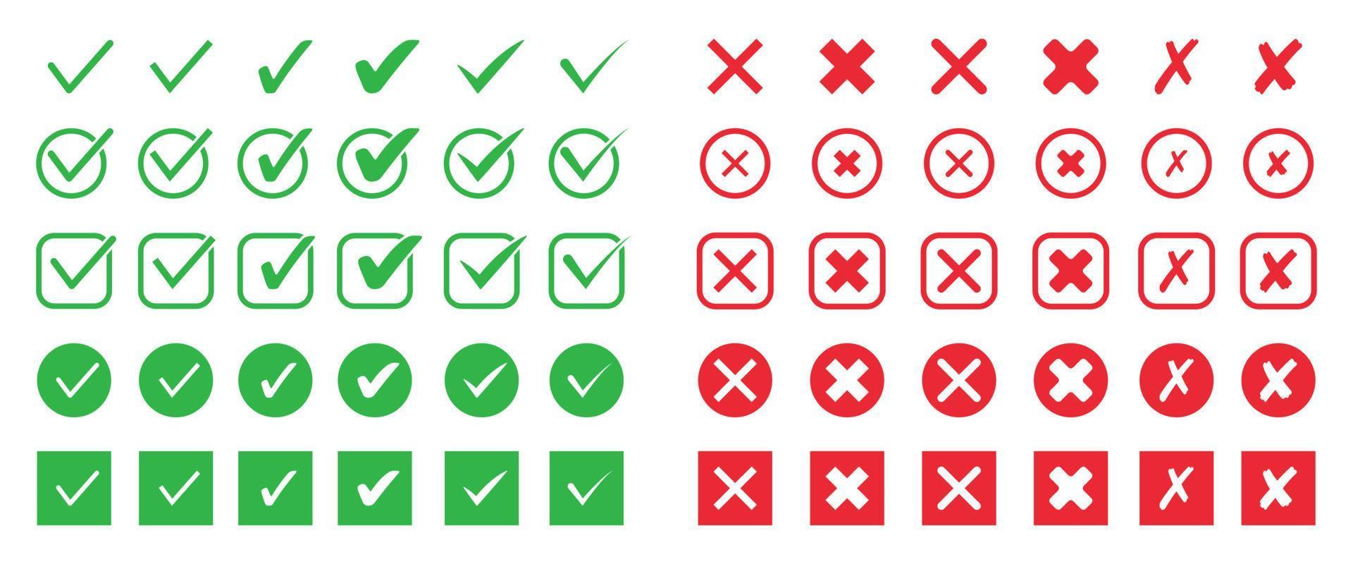 Satz flaches Häkchensymbol. grünes Häkchen und rotes Kreuzsymbol für Checkliste. Vektor