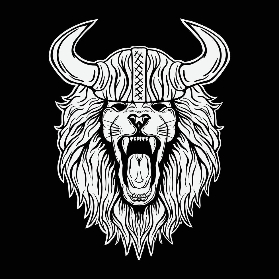 lion viking svartvitt illustrationstryck på t-shirts, jacka, souvenirer eller tatueringsfri vektor
