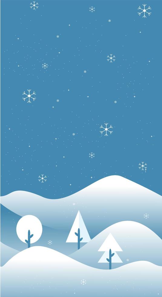 vinterlandskapsillustration i platt stil med designsnö och träd i middagsvy. estetisk vintersäsong bakgrund. banner mall för mobiltelefon skärmsläckare tema, låsskärm och bakgrundsbild. vektor