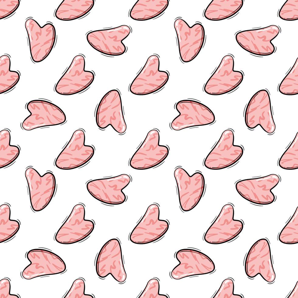 gua sha för ansiktsmassage vektorillustration. sömlöst mönster med naturliga rosa kvartsstenar. hudvård, ansiktsyoga, hemskönhetsprocedurer och morgonrutinbakgrund i platt stil. vektor