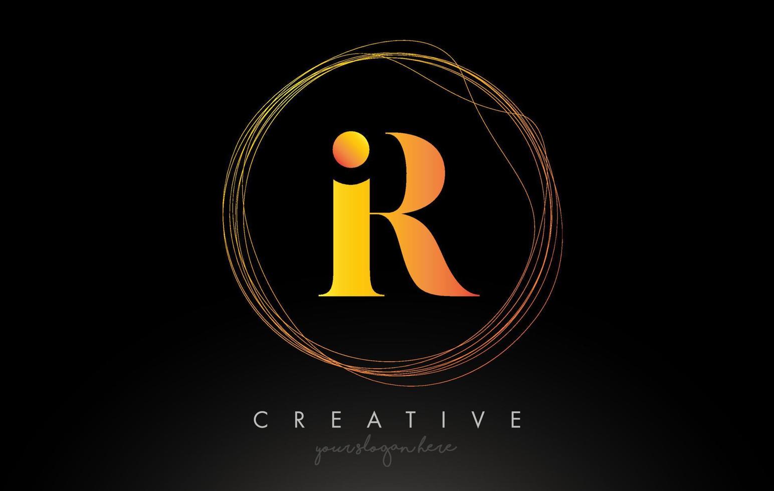 goldenes künstlerisches r-Brief-Logo-Design mit kreativem kreisförmigem Drahtrahmen um ihn herum vektor