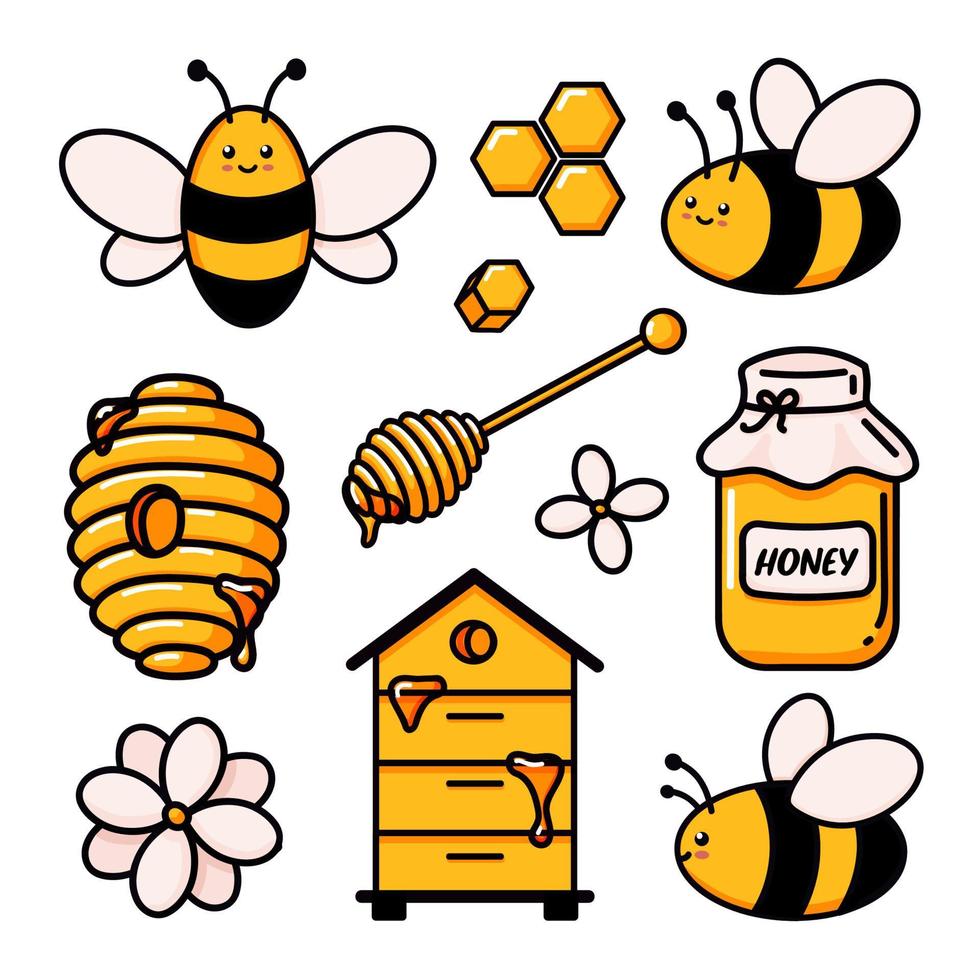 uppsättning av söta bi, välsmakande hälsosam honung, burk, honungskakor, nässelutslag, blomma, trä honungsbollar och text vektorillustrationer doodle. handritad färgad trendig vektorillustration i tecknad serie vektor