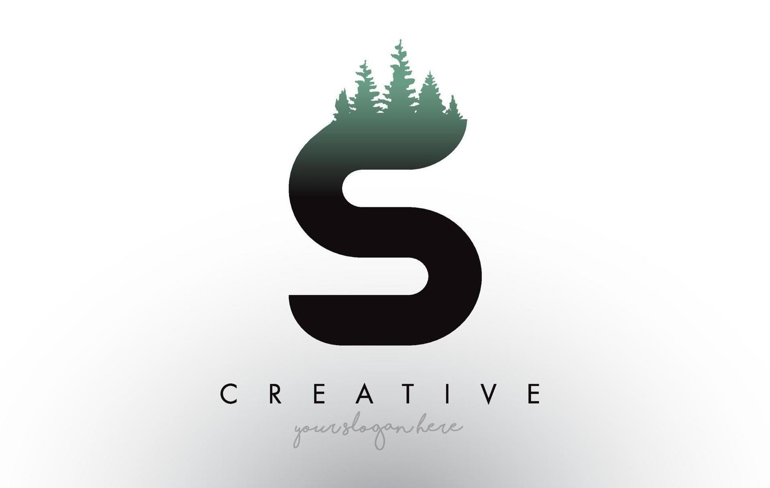Kreative Brief-Logo-Idee mit Kiefernwäldern. Buchstabe s Design mit Kiefer oben vektor