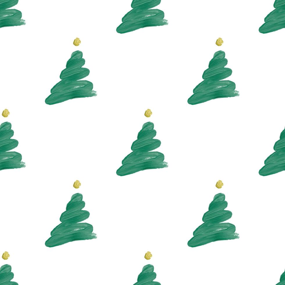 sömlös enkel handrita julmönsterbakgrund med grön tall och gyllene stjärna från oljefärg vektor
