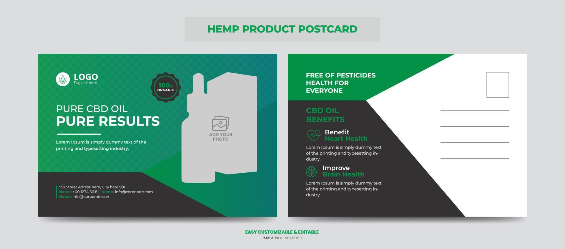 hanf- oder cbd-produktpostkarte. Designvorlage für den Verkauf oder die Promotion von Cannabis Sativa-Produkten vektor