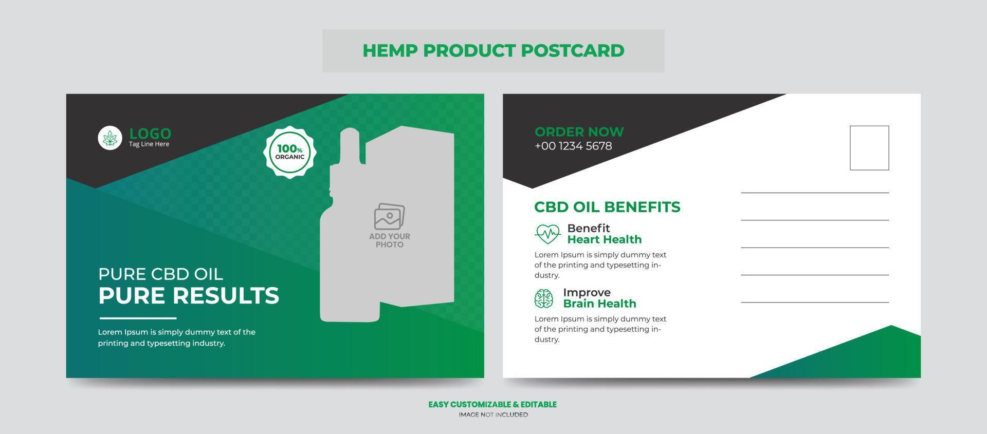 hanf- oder cbd-produktpostkarte. Designvorlage für den Verkauf oder die Promotion von Cannabis Sativa-Produkten vektor
