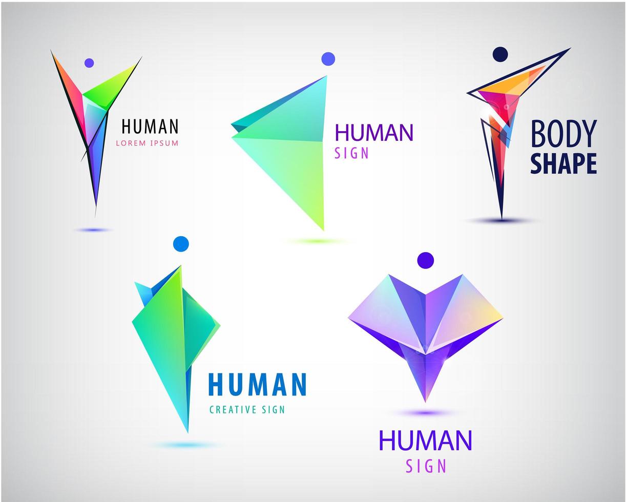 Vektor abstrakte Mann Logos eingestellt. positiver, gesunder Lebensstil, wellig, Origami geometrisches menschliches 3D-Symbol