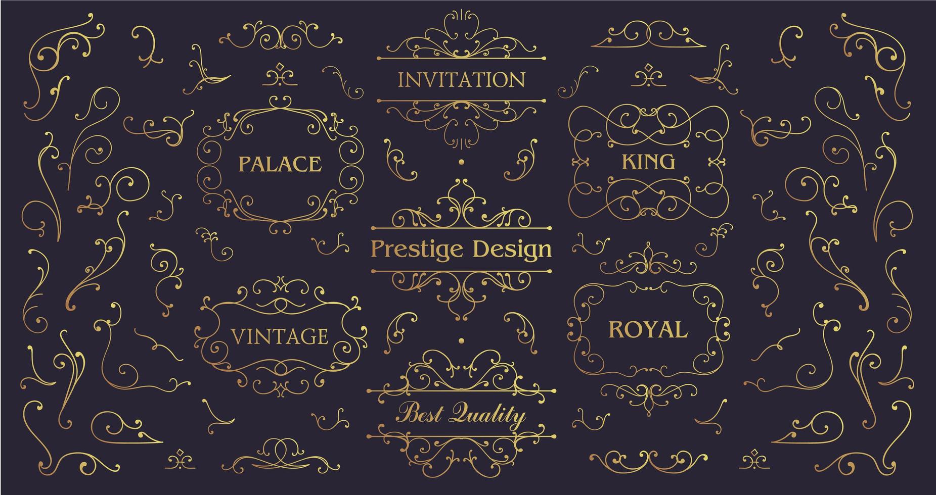 Vektorset aus Vintage-Wirbeln, goldenen Rändern und Rahmen. Luxushochzeitslogo mit Ornament im Barockstil für Einladung und Markenidentität. Geschäftsschilder, Logos, Identität, Spa vektor