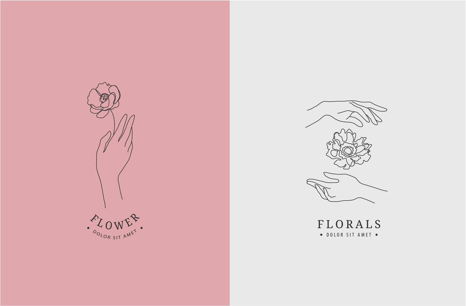 Vektorsatz abstrakter Logo-Designvorlagen im linearen Minimalstil, Hände mit Blumen. Verwendung für Kosmetik, Schmuck, Schönheit, handgefertigte Produkte, Tattoo-Studios vektor