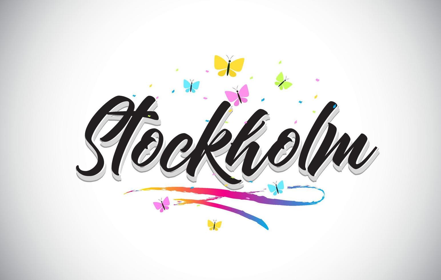 stockholm handskriven vektor ordtext med fjärilar och färgglada swoosh.