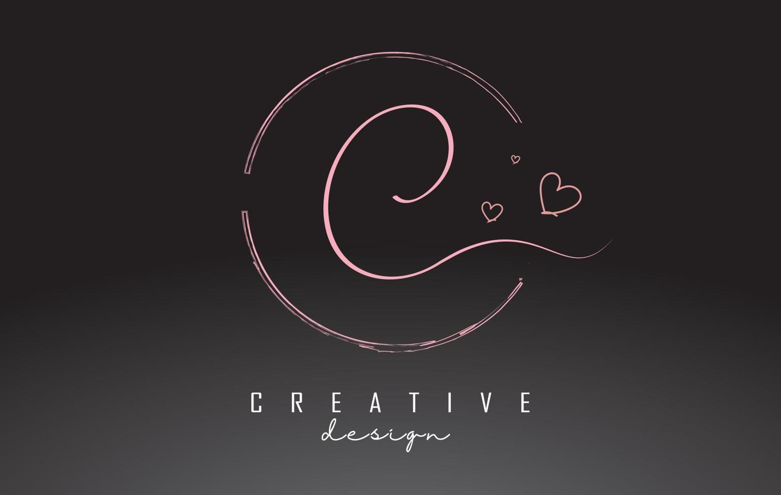 handgeschriebenes c-letter-logo-design mit staubrosa aquarellring und umrissherzen. vektor