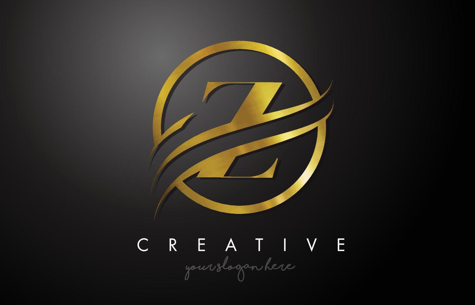 z goldenes Buchstaben-Logo-Design mit Kreis-Swoosh und goldener Metallstruktur vektor