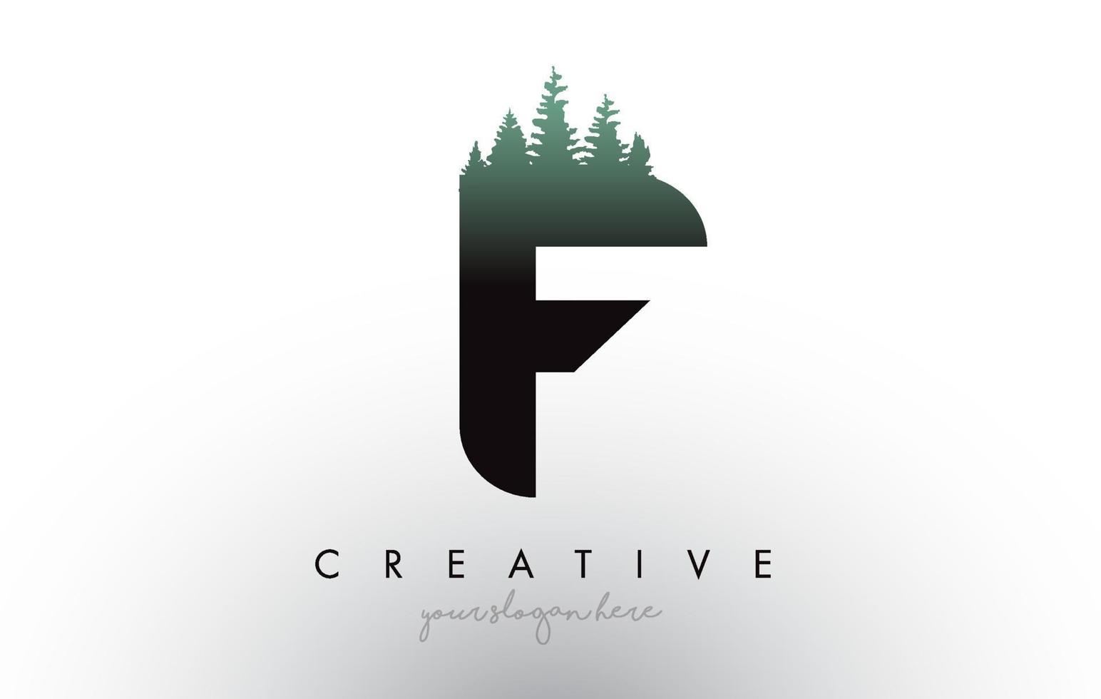 Kreative f-Brief-Logo-Idee mit Kiefernwäldern. Buchstabe f Design mit Kiefer oben vektor