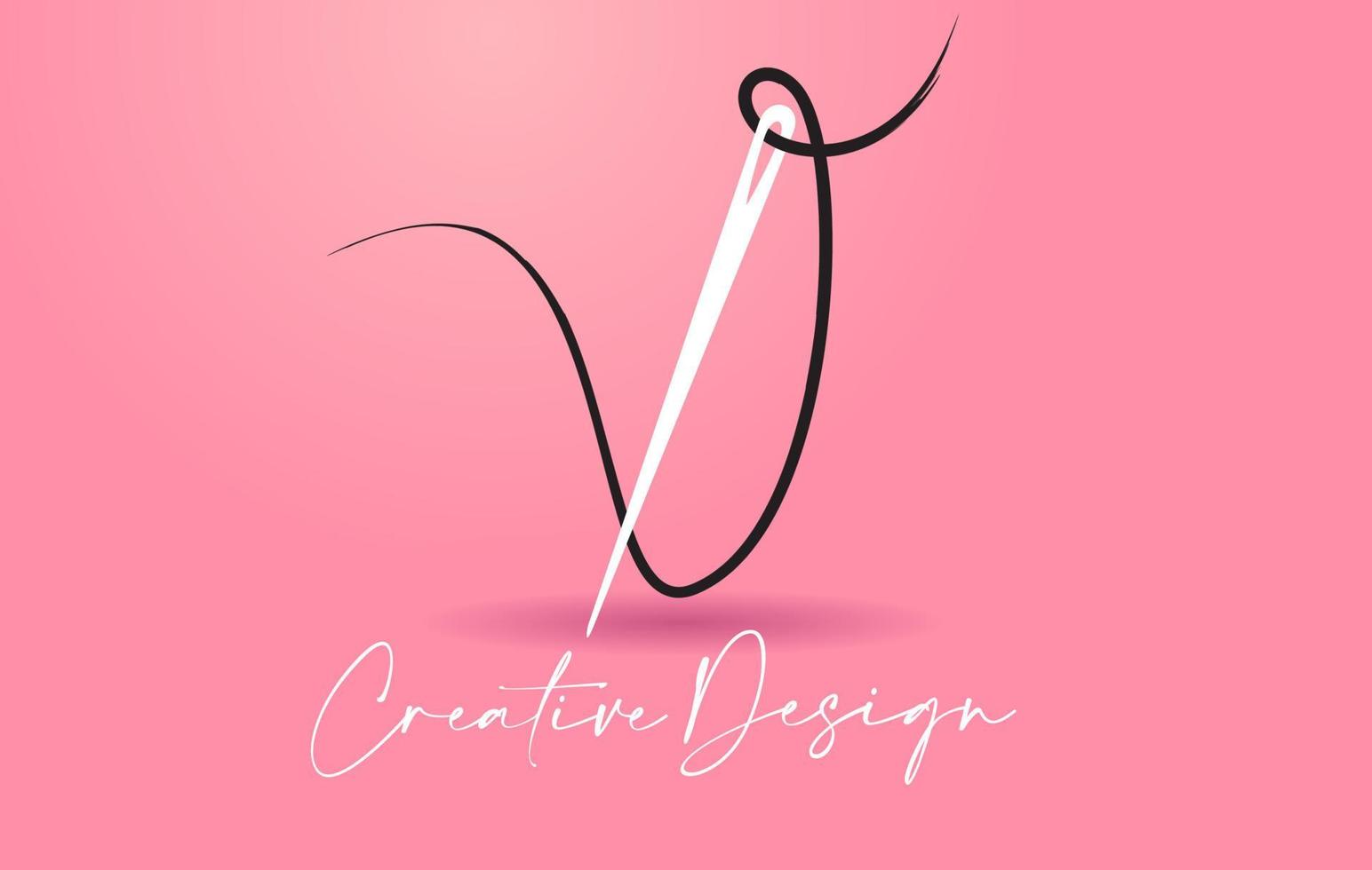 v brev logotyp med nål och tråd kreativ design koncept vektor