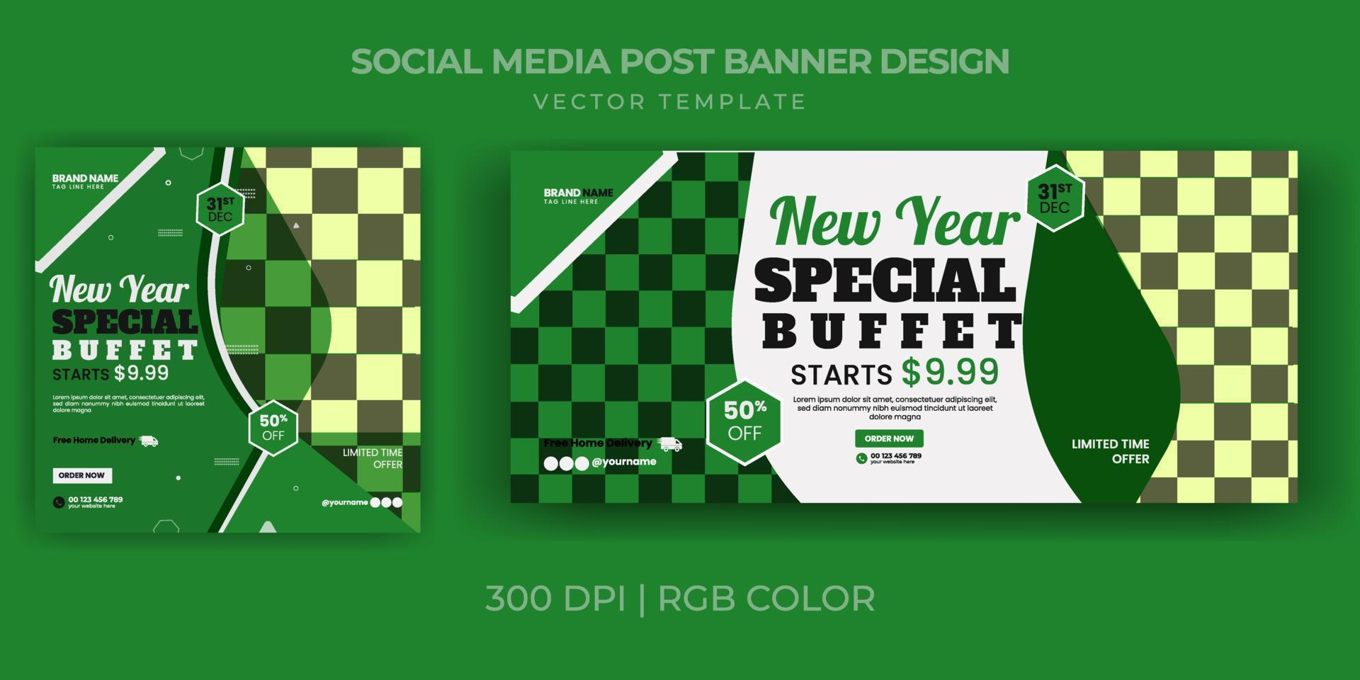 mat restaurang meny banner nyår specialbuffé erbjudande sociala medier post vektor malldesign