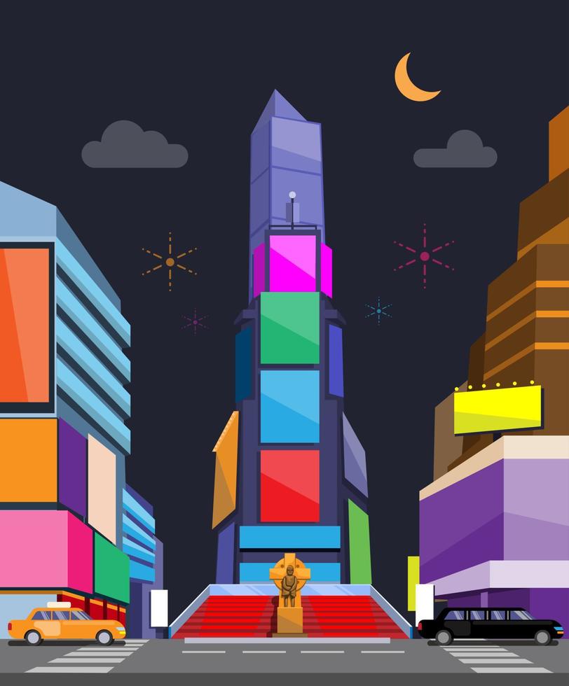 new york time squre med färgglada annonser skärm på att bygga på natten illustration tecknad vektor