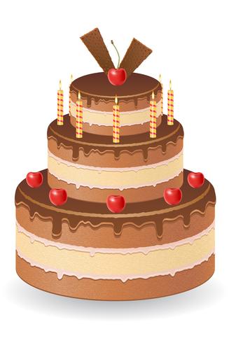 chokladkaka med körsbär och brinnande ljus vektor illustration